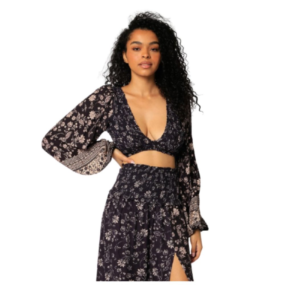 Olivaceous Midnight Floral Bohemian Cropped Blouse 2108-15LTH